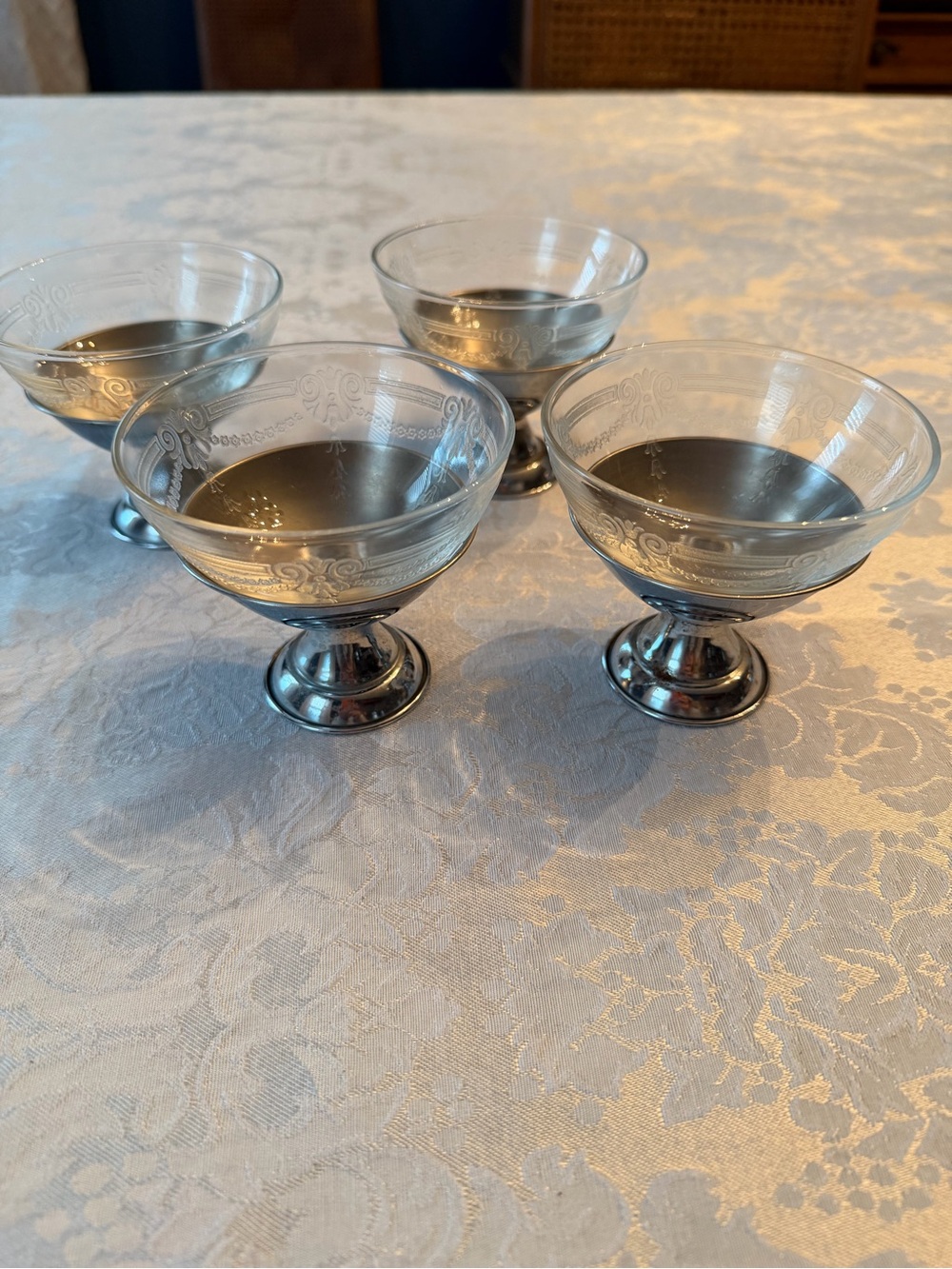 Set of 4 Clear Glass Dessert dishes with chrome Pedestals